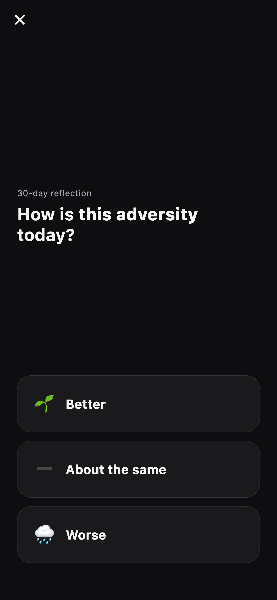 The 30-day reflection asking “How is this adversity today?”, with three answers: better, about the same, worse.