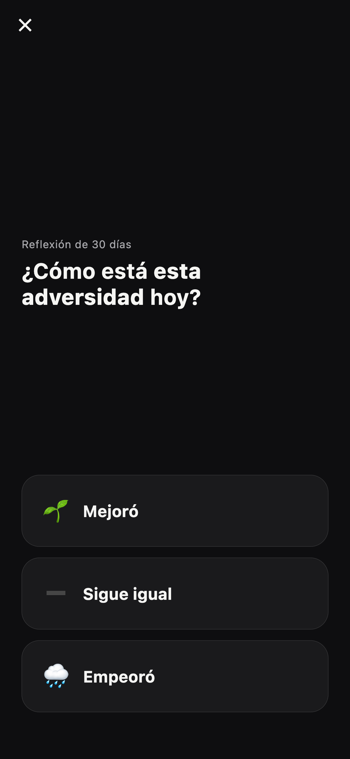 Reflexión de 30 días preguntando “¿Cómo está esta adversidad hoy?”, con tres respuestas: mejoró, sigue igual y empeoró.